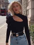 yipinpay Sleeve Bodysuit Hollow Out Top Women Turtleneck T Shirt Autumn Winter Skinny Solid Rompers Streetwear Black Bodysuit