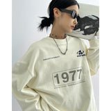 yipinpay Women Beige Sweatshirt Letter Printing Round Neck Fashion Hip Hop Oversize Leisure Thickening Warm Winter Long Sleeves Pullover