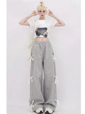 Yipinpay Women's Grey Lace Lace-up Pants Vintage Y2k Harajuku 90s Aesthetic Sweatpants Retro High Waist Wide Trousers 2000s Clothes 2024
