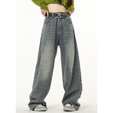 yipinpay Blue High Waist Women Jeans American Fashion Streetwear Wide Leg Jean Female Winter Trouser Straight Baggy Denim Pants
