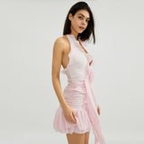 Yipinpay Sexy Women Sleeveless Halterneck Dress Summer Ruffled Flower Ruched Cocktail Party Dress With Tassels For Club Streetwear