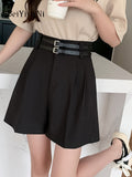 yipinpay Casual Suit Shorts Women With Double Belt Loose Wide Leg Short Pants Female OL Pockets Street High Waist Shorts Ladies