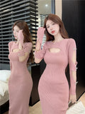 Yipinpay Girl O-Neck Long-sleeved Dress Women's Autumn/Winter Hollow Out Slim Fit Sexy Wrapped Hip Knitted Dress Female Clothes