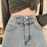 Yipinpay Fashion Women's Denim Shorts High Waisted For Summer Solid Raw Edge Korean Version Casual Hollow Out Wide Leg Jean Pants