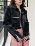 Yipinpay Cropped Leather Jacket Women Streetwear Moto Biker Zipper Leather Jacket Punk Winter Irregular Faux Fur Aviator Coat New
