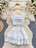 Yipinpay Sweet Ruched Two Pieces Sets V Neck Strap Crop Tops+Short Pleated Skirt Women Korean Style Chic Summer Beachwear Suits