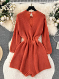 Yipinpay Korean Style Casual Bodysuits O Neck Long Sleeves Hollow Out Backless Drawstring Elastic Waist Women Shorts Jumpsuits