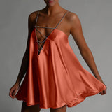 Yipinpay Womens Casual Chain Suspender Short Dress Fashion Solid Color Hollow V-Neck A-Line Dress Party Club Street Style S-XL