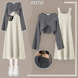 Yipinpay Women's Autumn Winter New Knitted Sweater Dress Matching Set Korean Elegant Short Pullover Strap Skirt Two Piece Female Clothing