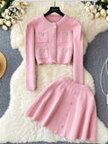 Yipinpay Japan Style Pearls Knit Suits Hidden Breasted Pockets Cardigan+Mini Pleated A Line Skirt Women Sweet Streetwear Sets