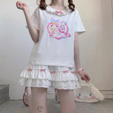 Yipinpay Kawaii White Mini Skirts Women Harajuku Ruffle Lace Bow Patchwork High Waist Pleated Skirt Japanese Style Soft Girl