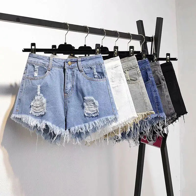 Yipinpay Size Denim With Ruffled Shorts Women's Summer High Waisted Loose Hole Wide Leg Student A-line Hot Pants Basic Short Jeans