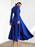 Yipinpay A-Line Elegant Wrap Midi Dresses Lace-Up Satin Women Blue Dress With Belted Pleated Office Ladies Dress Summer 2023