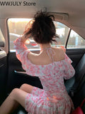 Yipinpay Shoulder Floral Y2k Mini Dress Woman French Elegnat Short Party Dress 2023 Summer Casual Sweet Sexy One Piece Dress Korean