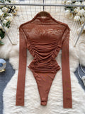 Yipinpay Autumn Mesh Basic Top 2024 Women Turtleneck Long Sleeve Ruched Open Crotch Slim Playsuits Fashion Sheer Sexy Bodysuits