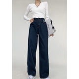yipinpay Women's Jeans High Waist Streetwear Baggy Straight Vintage Denim Trouser Navy Blue Casual Wide Leg Chic Design Jean Pants