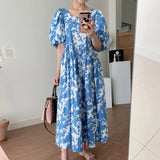 Yipinpay Square Blue Ink Dress Women Backless Lace Up Vintage Maxi Dresses Vestidos De Mujer Elegant Lantern Short Sleeve Print