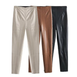 Yipinpay Women Elastic High Waist Faux Leather Leggings Seamless Hem Female Pants Pencil Trousers