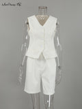 Yipinpay Office Ladies White Shorts Suits 2 Pieces Vest Tops And Wide Legs Shorts Sets Women 2023 Pleated Outfits Two Pieces
