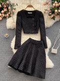 Yipinpay Spring Summer Fashion Small Cute Elegant Sweet Women's Skirt Suit Long Sleeved Suit Short Coat Top A-line Skirt 2-piece Set