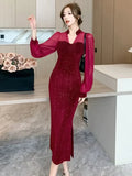 Yipinpay Sexy Dresses Women Mesh Patchwork Lantern Long Sleeve Sequins Slim French Style Chic Autumn Fashion Ladies Party