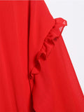 Yipinpay Ruffled Red Dress For Women 2024 Lace Up V Neck Long Sleeve Robe Vintage Elastic Waist Party Mini Dresses