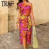Yipinpay 2023 Print Midi Skirt Women Knot High Waist Slit Summer Skirts Sets Stylish Long Skirts For Women Vintage Boho Beach Skirt