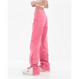 yipinpay Women's Pink Cargo Jeans Pocket Straight Vintage Streetwear High Waist Casual Fashion Baggy Wide Leg Slit Denim Trouser Ladies