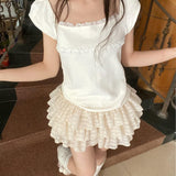 Yipinpay Kawaii Lolita Skirt Shorts Women Ruffle Patchwork Layered High Waist Cute Balletcore Mini Skirt Tutu Petticoat Summer