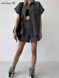 Yipinpay Streetwear Cotton Linen Women 2-Pieces Suits With Shorts Casual Shirts And Letter Shorts Outfits Summer Ladies Sets