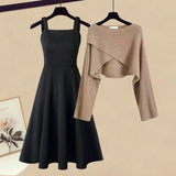 Yipinpay Women's Autumn Winter New Knitted Sweater Dress Matching Set Korean Elegant Short Pullover Strap Skirt Two Piece Female Clothing