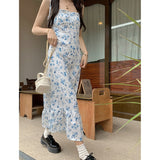 yipinpay Fashion European-American Women's Straps Dress Sleeveless Casual Suspender Medium and Long A-Line Broken Flowers Dress