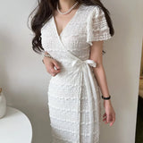 Yipinpay De Mujer Elegantes V-neck Lace Up Waist Palace Style Lace Hook Flower Dress Women Robe Femme White Jacquard One Piece
