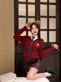 Yipinpay Preppy Style Suit Women's Autumn Red Knitted Cardigan Tank Top Long-sleeve Shirt Plaid Mini Skirt Fashion Three-piece Set