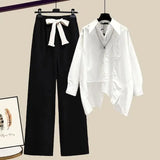 Yipinpay Women's Fashion Set 2024 Spring Autumn New Splicing Shirt+Elastic Waist Wide Leg Pants Two Piece Korean Chic Blouse Trouser Suit