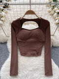 Yipinpay Women Sporty Tops Square Collar Long Sleeve Backless Kink With Chest Pad Slim Fit American Streetwear Sexy Mini Blouse