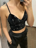 Yipinpay Women Retro Velour Strap Tops Summer V Neck Sleeveless Backless Slim Tank Top Chic Print Sexy Off Shoulder Short Camis