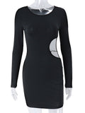 yipinpay Out Black Dress Chain Bodycon Dress Women O Neck Basic Mini Dress Autumn Winter 2023 Solid Streetwear Long Sleeve Dress