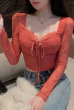 Yipinpay Sweet Girl Red Lace T-shirt for Women's Autumn and Winter Slim Fit Long-sleeved Square Collar Top Fashion Female Clothes