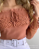 Yipinpay New Summer Fashion Women Pink Slash Neck Off Shoulder Hollow Lace Top Woman Flare Sleeve Slim Tops