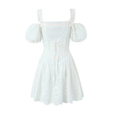 Yipinpay 3 Ways Wear White Embroidery Dress Short Puff Sleeve Mini Birthday Party Dresses Women Lacing Up Holiday Vacation Dress