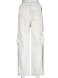 yipinpay Jeans White Pant Low Rise Cargo Pants Women Jogging Lace Up Wide Leg Pant Side Stripe Streetwear Loose Denim Trousers