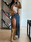 Yipinpay 2024 Summer Split Out Denim Skirt Jeans Women Casual Long Skirt Low Waisted Jean Streetwear New Midi Pencil Skirt Y2k New