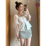 Yipinpay Women Single Breasted Jacquard Top Short Sleeved Shirt Blusas Mujer Crop Blouse Style White Shirt Femme Camisas Square Shirt