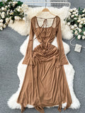 Yipinpay 2024 Summer Mesh Split Sexy Dress Ladies Squre Neck Sheer Long Sleeves Transparent Ruched Slim Long Party Dress