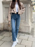 Yipinpay New Women Fashion With Belt Oversized Cropped Trench Coats Vintage Double Button Long Sleeve Ladies Short Khaki Jacket