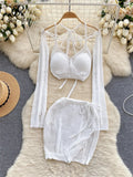 Yipinpay American Sexy Suits Hollow Out Long Sleeve Halter Mini Top+Slim Bodycon Skirt 2024 Y2K Summer Beach Style Knitted Sets