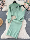 Yipinpay Winter Beading Knitted Suits Women Loose Long Sleeve Beading Pullover+ Midi Dress Fashion Warm Sweater Two Piece Sets