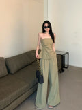 Yipinpay Grade Hot Girls Suit Women's Pleated Waist Wrap Strapless Top Casual Sweeping Wide Leg Pants Two-piece Set Female Clothes
