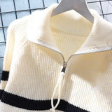 Yipinpay neck zipper stripe pullover sweater for women loose sweater 2024 autumn/winter Japanese knit sweater pullover female top